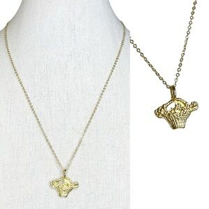 Vintage Gold Tone Flower Basket Bouquet Dainty Pendant Necklace